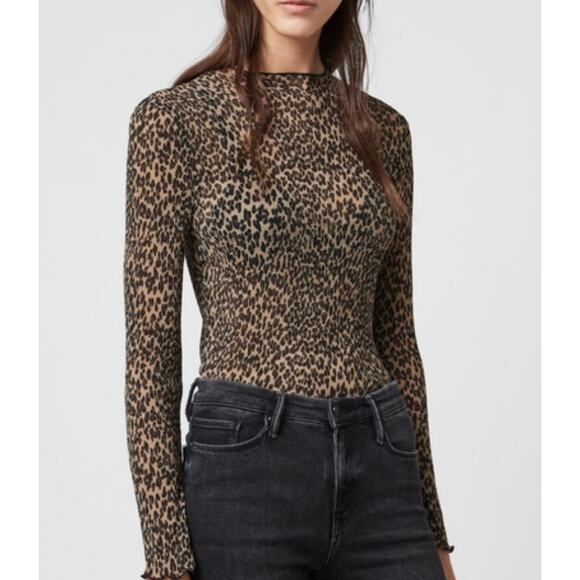 AllSaints‎ Kiara linelo leopard long sleeve mock neck ribbed tee size Small - Picture 1 of 7